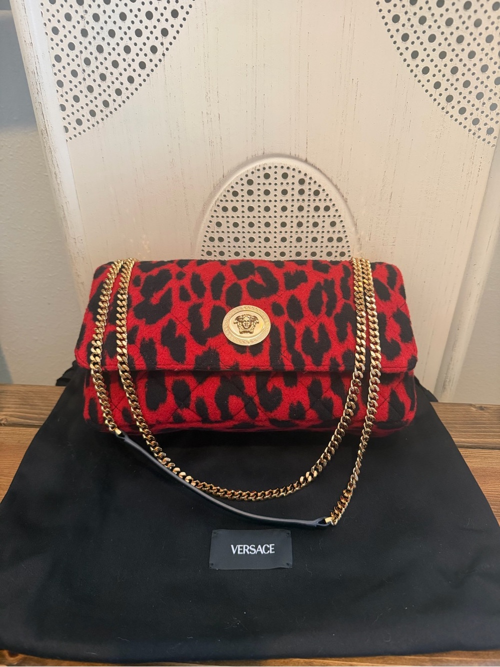 Versace Red and Black Leopard Print Chain Shoulder Bag with Gold Medallion. New